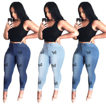 Summer Latest Design Fashion Street Personalized Women Jeans High Waist Butterfly Pattern Denim Stretch Pencil Pants